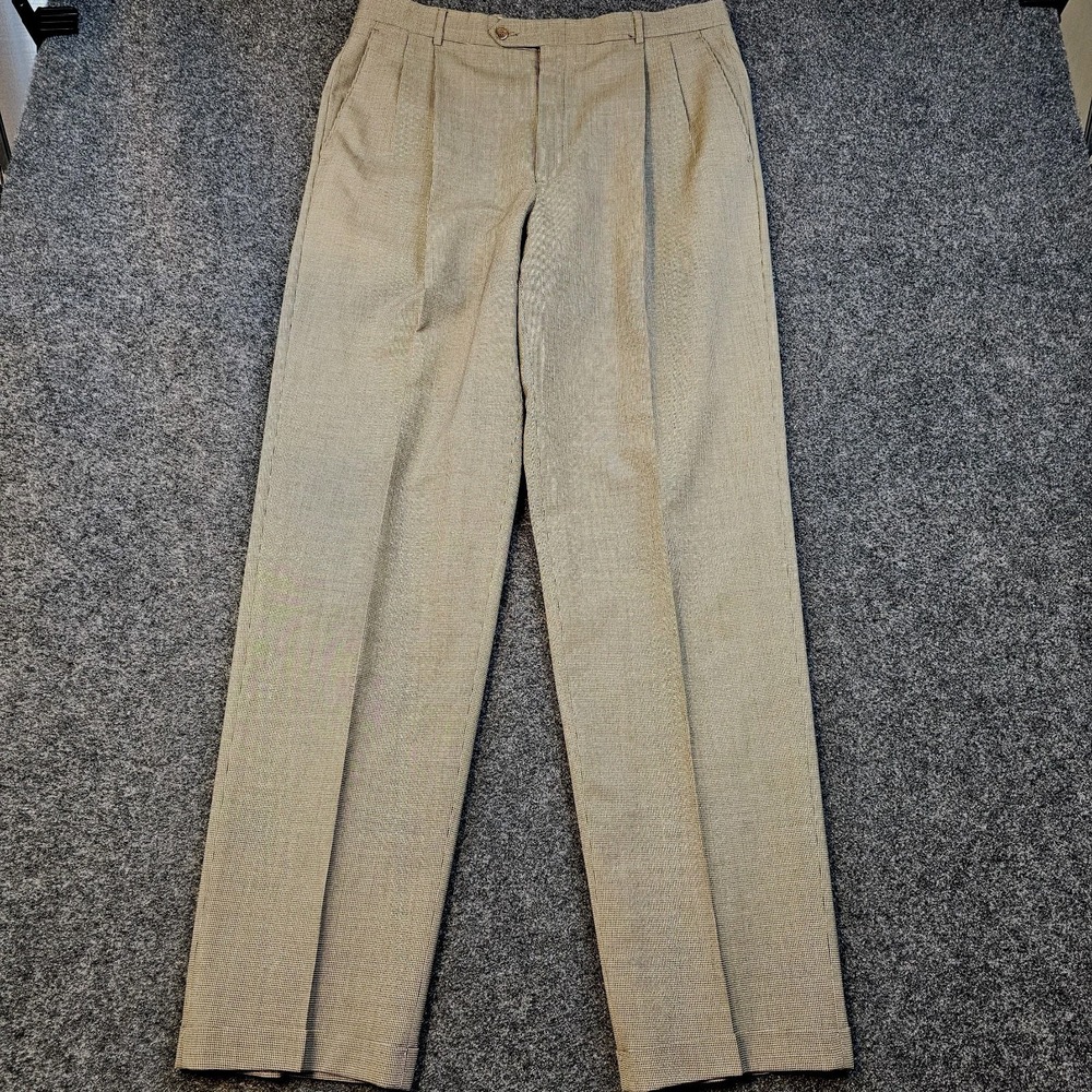 Hart Schaffner Marx Mens 36x33 Brown Micro Check Pleated Dress Slacks Classic